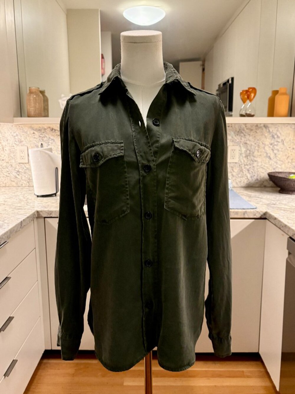 Zara Olive Green Tencel Lyocell Utility Button Down Shirt - Women's Size XS